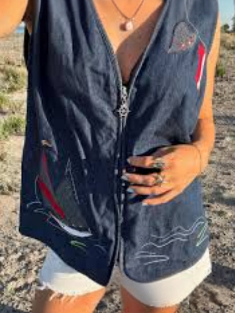 Vintage Nautical Denim Vest Sailboat Embroidered Coastal XL - Picture 8 of 8